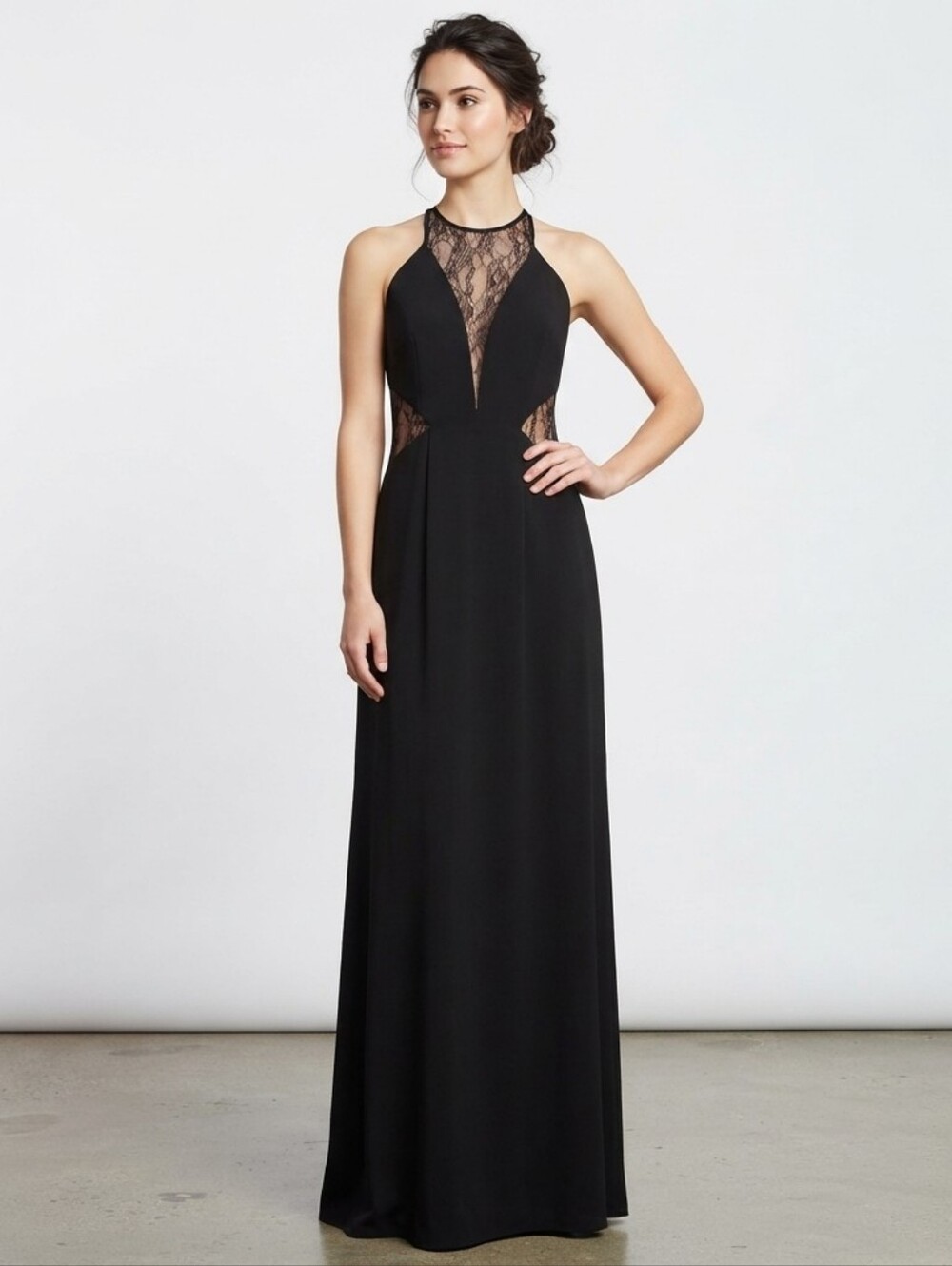 NEW Black Lace Inset Halter Gown Size 6